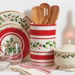 Lenox Set Utensil Crock Stripe Handpaint Holiday -Lenox The Christmas Shop Sales 890775 w11