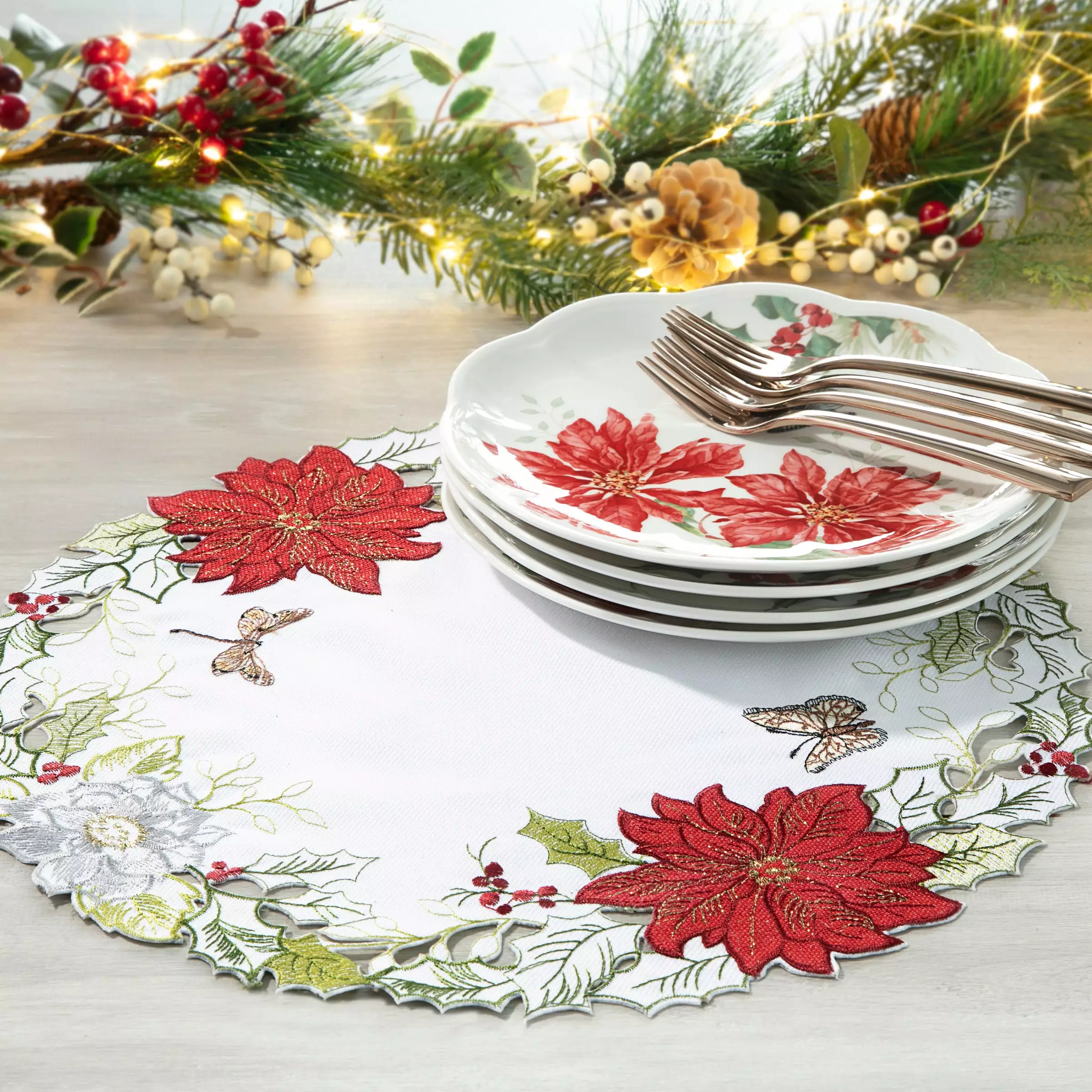 Lenox Butterfly Meadow Poinsettia Cutwork 16" Placemat 2 Lenox Butterfly Meadow Poinsettia Cutwork 16" Placemat